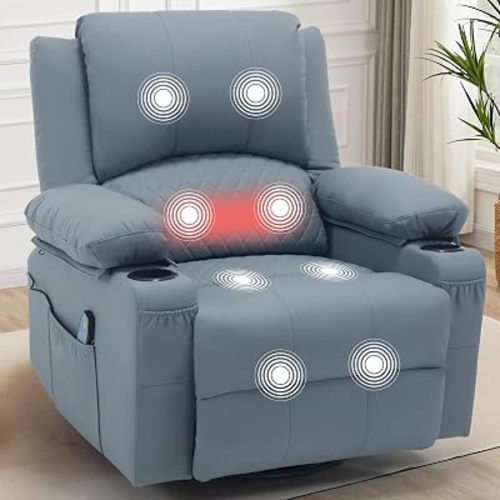 Oversized Swivel Rocking Recliner with Heat Massage Nursery Rocker Blue
