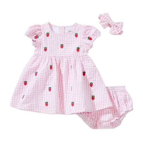 Adventurewear 360 Baby Girls Round Neck Cap Sleeve Seersucker Gingham Strawberry Embroidery Dress