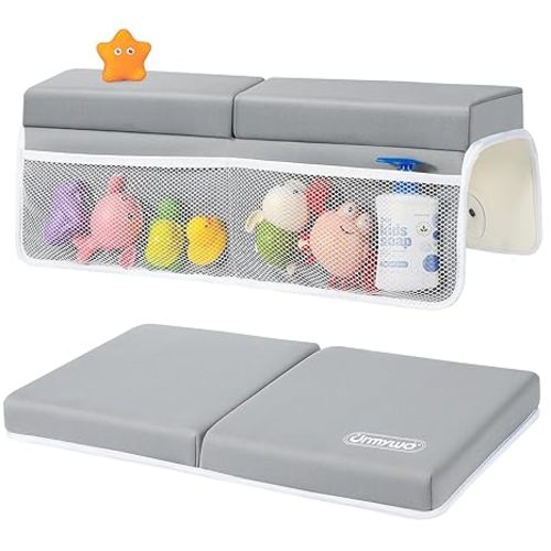 URMYWO Bath Kneeler and Elbow Rest Pad Set - 1.5" Thick Baby Bath Kneeler Pads with Toys Organizer, Anti-Slip Cozy Knee & Arm Support Bathtub Mat, Quick Dry Kneeling Pad for Baby Bath Time