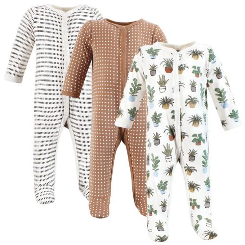 Hudson Baby Infant Baby Cotton Sleep and Play 3-Pack, Plants, 0-3 Months