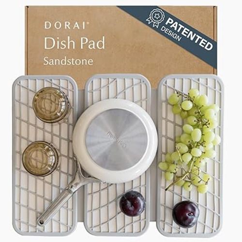Dorai Home Dish Pad - Collapsable Stone Dish Drying Mat with Diatomaceous Earth for Quick Drying - Ultra Absorbent - Encased in Woven Silicone - Eco-Friendly, Foldable - Original 19.9"x15.2" Sandstone
