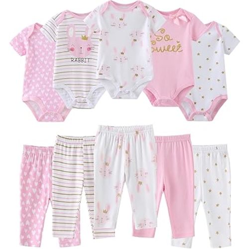 Ruliby Baby Bodysuit and Pant Set 10-pcs Cotton Soft Newborn Boy Girl Clothes Outfits