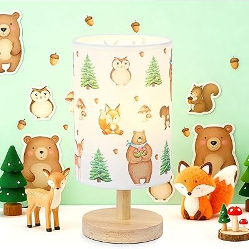 Woodland Animals Table Lamp - Woodland Kids Bedside Lamp with Linen Wooden Nightstand Cartoon Nursery Lampshade for Kids Room Decor