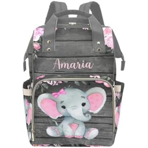 Personalized Diaper Backpack Floral Pink Elephant Multi Function Diaper Bag Travel Daypack Nursing Nappy Changing Bag