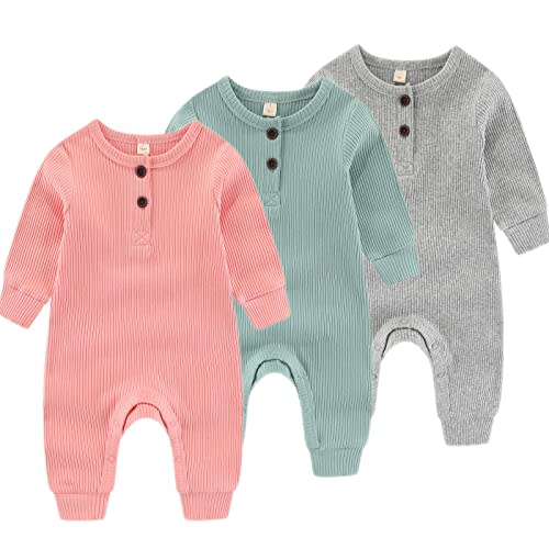 IADOER Newborn Baby Boys Girls One Piece Romper With Mitten Cuffs 3 Pack Long Sleeve Ribbed Button Jumpsuit Outfit Clothes