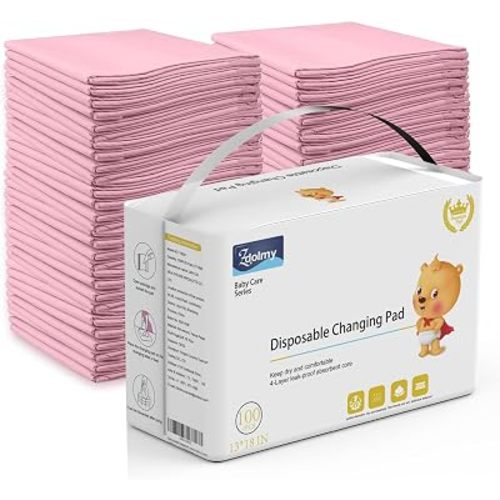 Disposable Changing Pad (100 Pack), Baby Incontinence Changing Pads Diaper UnderPads, Ultra Absorbent & Waterproof, Covers Any Surface for Baby Diaper Changes,18 x 13inch (Pink)