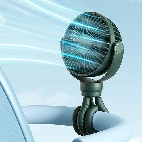 JISULIFE Portable Stroller Fan 4000mAh Battery Operated with 4 Speeds, USB Rechargeable Mini Fan with 360°Rotatable Flexible Tripod for Handheld/Desk/Car Seat/Treadmill/Travel -Alpine Green