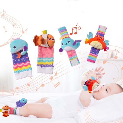4PCS Cute Sea Animal Baby Rattle Socks & Wrist Toys,Newborn Toys for Baby Boy Girl - Development Learning Infant Toys for 0-6, 6-12 Months Babies - Newborn Brithday Christmas Gifts