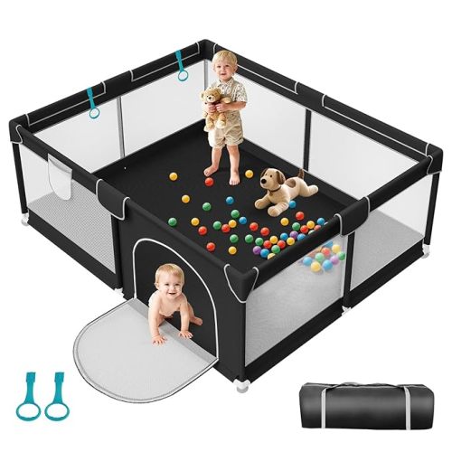 64x64 in Baby Playpen for Babies and Toddlers - Indoor and Outdoor Extra Large Baby Play Pen with Soft Breathable Mesh & External Zipper Door - Play Yard with 2 Handles for Walking Playing, Black
