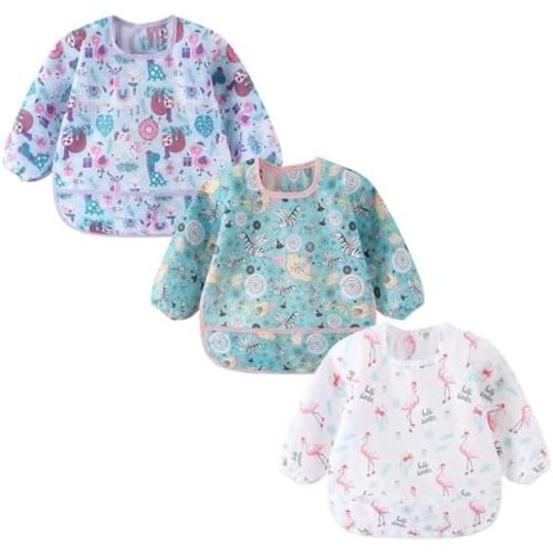 3 Pack Long Sleeve Bib,Baby Smock for Eating 6-30 Months Reusable Shirt Bibs for Babies Toddler