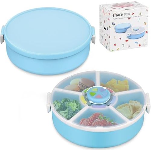 JOOPETALK Kids' Rotating Snack Container Set – 2-Pack, Includes 1 Rotating Snack Container & 1 Round Sectioned Snack Box, BPA-Free, Dishwasher Safe, Perfect for Travel-Blue
