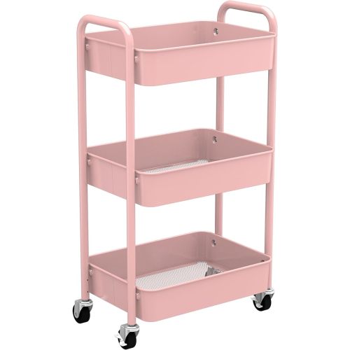 CAXXA 3-Tier Rolling Metal Storage Organizer - Mobile Utility Cart with Caster Wheels, Pink