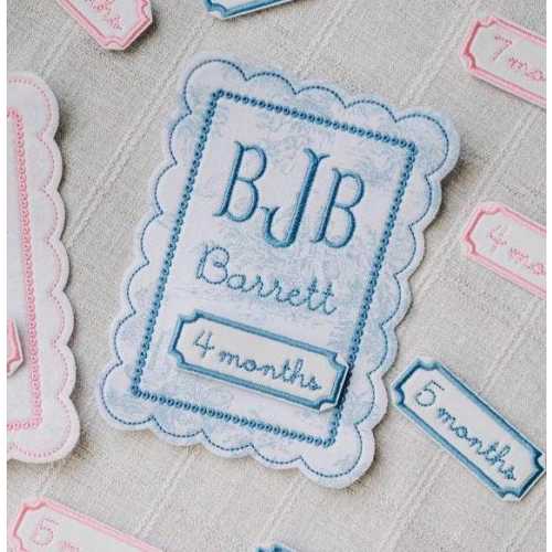 Blue Toile Baby Milestone Keepsake – Personalized Grandmillennial Baby Boy Gift | Custom Baby Name Appliqué Monthly Photo Prop with Velcro