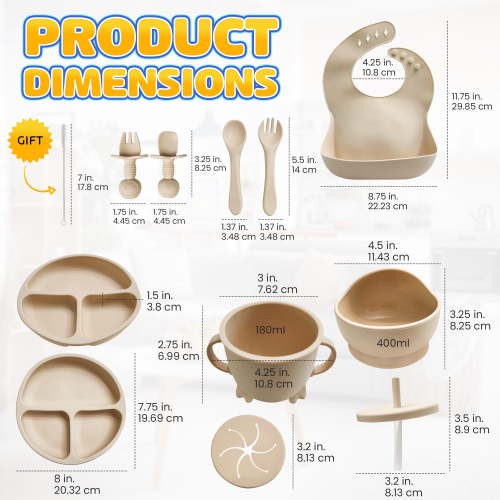 HippoBaby Baby Led Weaning Supplies | 10 Piece Silicone Feeding Set | Baby Toddler Bib Cup Divided Plate and Bowl Self Feeding Spoons Dish Set | Toddler Feeding Supplies (Cream)