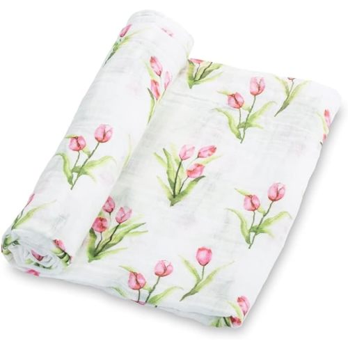 LollyBanks Baby Swaddle Blanket, 100% Muslin Cotton Muslin Blankets for Girls, Large 47 x 47 Inches Soft and Breathable Swaddles for Newborns, Gentle Baby Wrap Swaddle, Registry (Tulip Print)