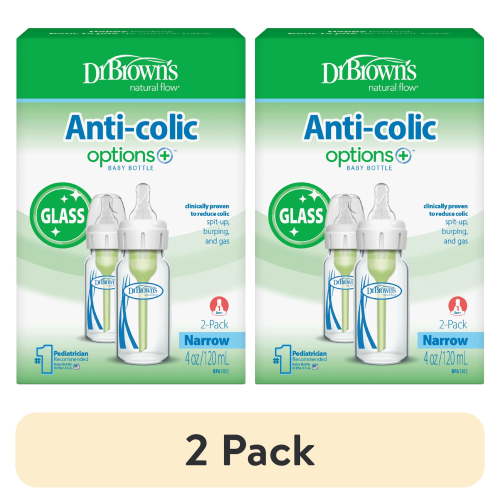 (2 pack) Dr. Brown's Anti-Colic Options+ Narrow Glass Baby Bottle, 4 oz, Slow Flow Nipple, BPA Free, 0m+, 2-Pack