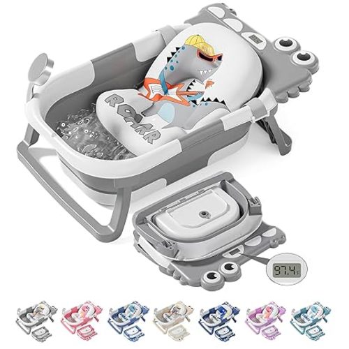 TPN Collapsible Baby Bathtub, Baby Bath Tub with Soft Cushion & Real-Time Thermometer, Baby Bathtub Infant to Toddler Tub (0-36 Months), Portable Newborn Travel Bath tub