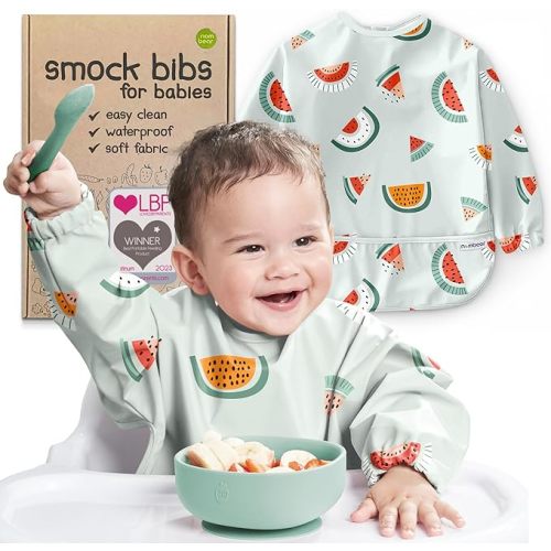 Nombear Waterproof Smock Baby Bibs for Eating (Boy or Girl 6-24 Months) - Toddler Long Sleeve Bib for Baby Led Weaning