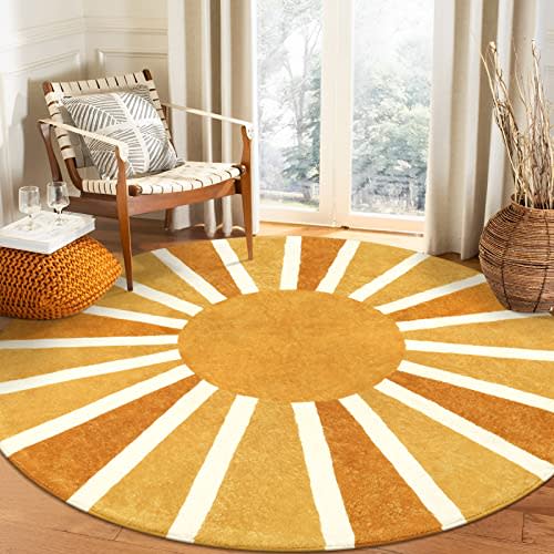 Lahome Round Rugs 8Ft for Living Room, Soft Non-Slip Untra-Thin Boho Round Dining Room Rug, Cute Rainbow Sun Print Carpet for Bedroom Nursery Kids Room