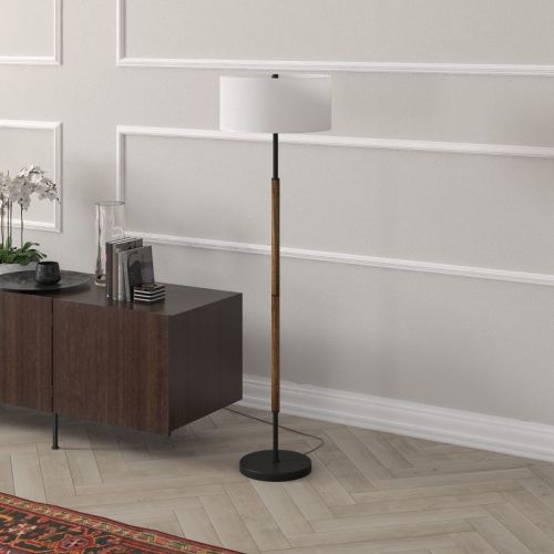 Hudson and Canal 2-Light Floor Lamp with Fabric Shade Blackened Bronze/Rustic Oak/White: Dual Socket, Polyester Drum Shade