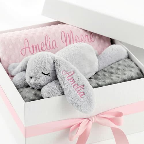 Personalized Baby Blanket and Plush Bunny Set, Custom Blankets and Rabbit | Custom Name Blanket, Personalized 2 in 1 Gift Set for Boy Girl Toddlers, Minky Dot Swaddle, Gift Set for Showering, Birthday