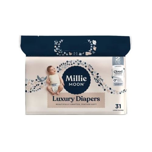 Millie Moon Luxury Diapers, Size 2 (9-18lbs), 31 Count, Up to 12 Hour Absorbency, Double Leak Guard and Wetness Indicator