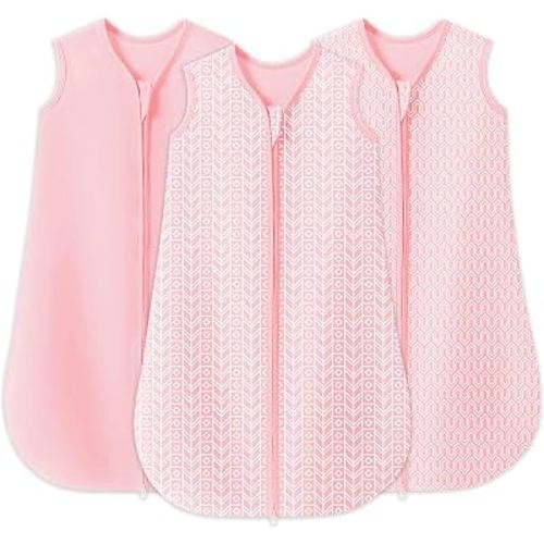 SWEET DOLPHIN Baby Sleep Sack 0-6 Months - 100% Cotton 2-Way Zipper TOG 0.5 Infant Wearable Blanket, Newborn Essentials Toddler 3 Pack Sleeping Sacks - Pink