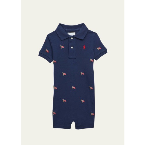 Boy's Mesh Embroidered Polo Playsuit, Size 3M-24M