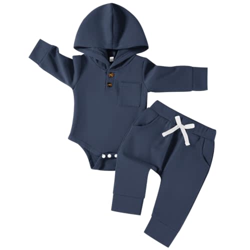 U·nikaka Baby Hooded Romper Set Long Sleeve Bodysuit and Jogger Pants | Snap/Button Closure;Ribbed Cuffs & Ankles;Elastic waist pants;Hooded and Chest Pocket Design