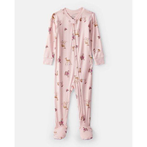 Baby Girl Deer & Floral Print PurelySoft Long-Sleeve 2-Way Zip 1-Piece Pajamas - Pink | Carter's