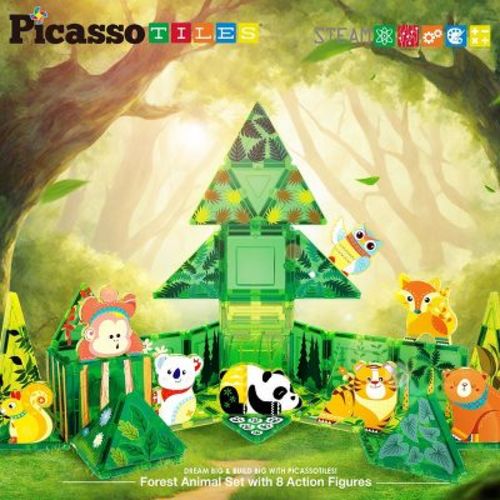 PICASSO-TILES Magnetic Tiles for Kids – Forest Animals Theme 48PCS STEM Construction Building Blocks Educational Toy