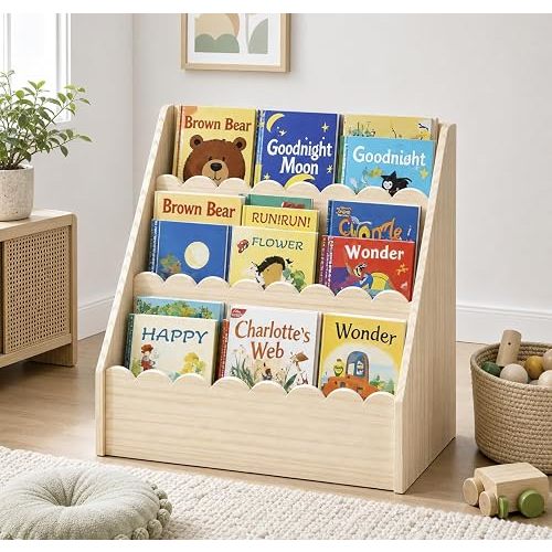BEAJOYA Scalloped Kids Book Shelf, Montessori 3-Tier Wooden Toddler Bookshelf for Ages 1–5, Nursery & Kids Room Bookshelf, Safe & Sturdy Playroom Book Shelf, Natural Wood