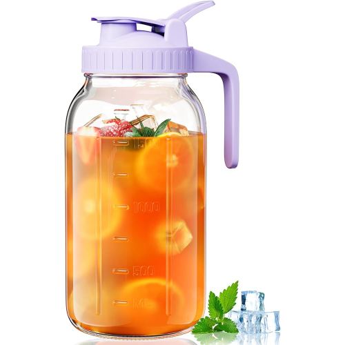 64oz Glass Mason Jar Pitcher with Lid Wide Mouth, 2 Quart Leakproof Glass Water Jug for Juice, Sun Iced Tea, Cold Brew Coffee, Milk Storage, Purple