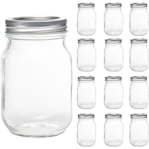 12 Pack 16oz Mason Jars, Regular Mouth jars with Silver Metal Lids, Canning Jars for Overnight Oats, Food Storage, Dry Food, Snacks, Candies and More