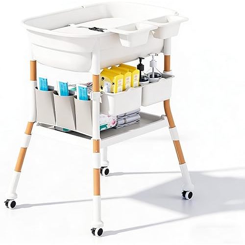 Baby Bathtub with Stand, Elevated Infant Bath Tub with Storage Shelves & Wheels, Newborn to Toddler Use, Multi-Purpose Bath Station
