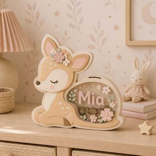 Personalized Deer Piggy Bank, Custom Wooden Money Bank for Kids, Baby Girl Savings Bank, Woodland Nursery Decor, Name Coin Bank