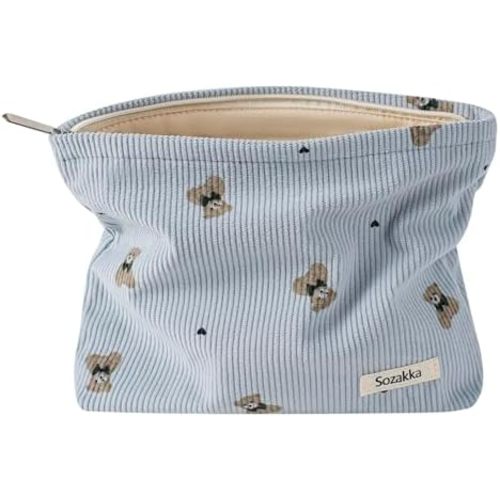 Corduroy Travel Makeup Bag with Bear Pattern, Cosmetic Bag for Purse Organizer, Toiletry Bag with Zipper For Women Travel Essentials(19Blue Bear)