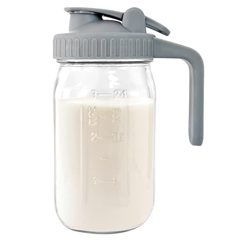 JunVpic Breast Milk Pitcher - 32 oz Glass Mason Jar with Dual Leak-Proof Design, Airtight Seal, Pour Spout & Handle, Storage Container for Breastmilk, Iced Tea & Ice DrinksGray