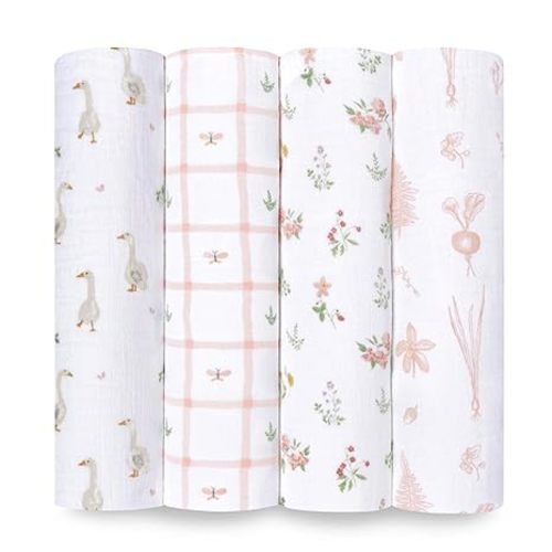 aden + anais Essentials Baby Muslin Swaddle Blankets, Newborn Receiving Blanket for Swaddling, 100% Cotton Baby Swaddle Wrap, 4 Pack, Country Floral