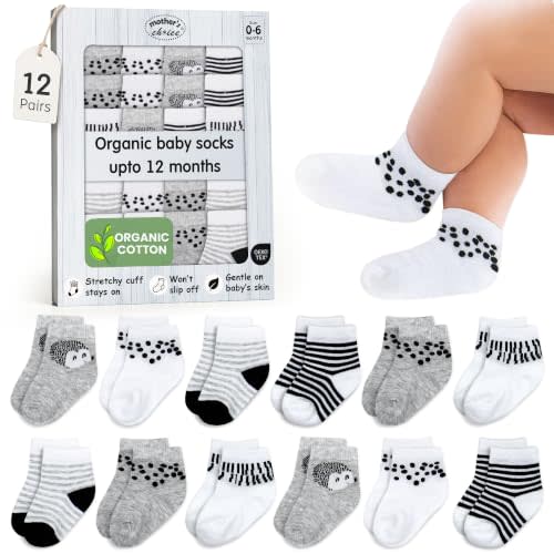 Organic Cotton Blend 12 Baby Girl & Boys Socks 0-6 M Gift Registry | Oeko-Tex Certified, Ankle Socks, 12 Pairs, Baby Boy Socks 0-6 Months, Socks For Toddler Girls, Grey- White Socks, Unisex