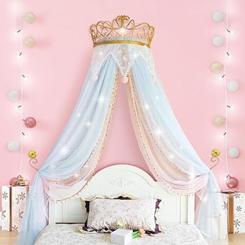 Bed Canopy for Girls, a Princess Bed Canopy with an Elegant Metal Crown, Enhances The Charm of Your Child's Bedroom, Serving as Both Mosquito Netting and a Romantic Tent