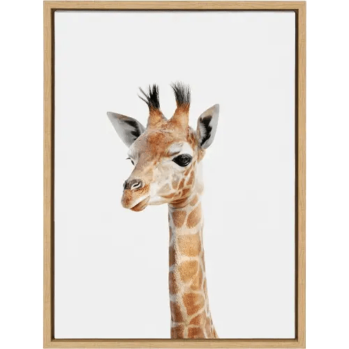 Kate and Laurel Sylvie Baby Giraffe Animal Print Portrait Framed Canvas Wall Art by Amy Peterson, 18x24 Natural