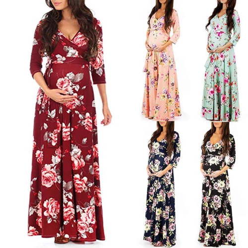 Tejiojio Maternity/Labor/Nursing Clothing Woman Print Wrap Maternity Dress Adjustable Belt Multi-function Pregnant Dress