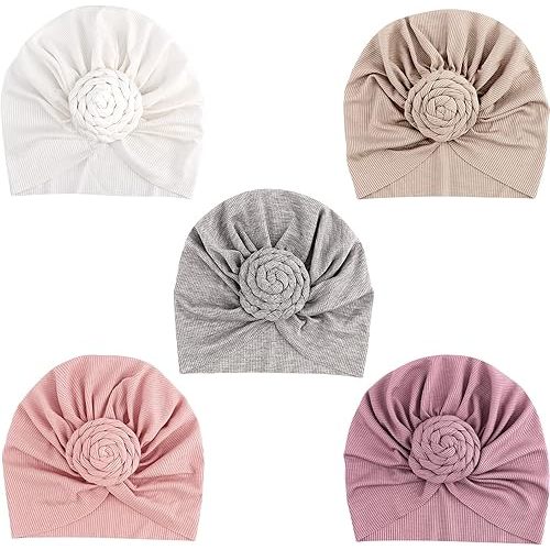 DRESHOW BQUBO 5 Pieces Baby Turban Hats Turban Bun Knot Baby Infant Beanie Baby Girl Soft Cute Toddler Cap