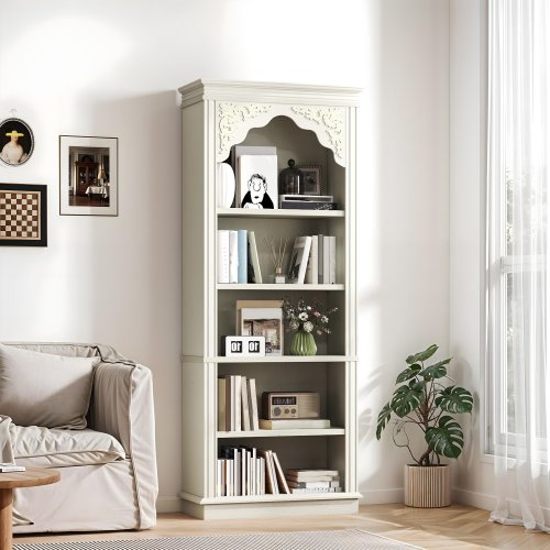 Moasis Modern 5-Shelf Bookcase Display Shelf Antique Arched Bookshelf with Drawers
