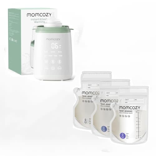 Momcozy Bottle Warmer, Fast Bottle Warmers for All Bottles with Timer & Momcozy Easy Pour Breastmilk Storage Bag, 8Oz, Temp-Sensing Color Change