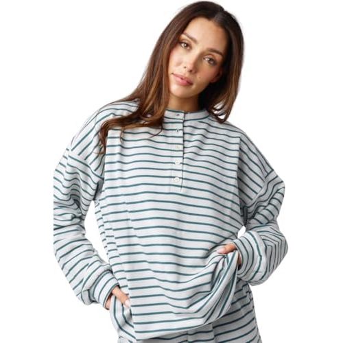 Almere Oversized Cotton Henley Longsleeve Tee, Striped Button Down, Boyfriend Fit
