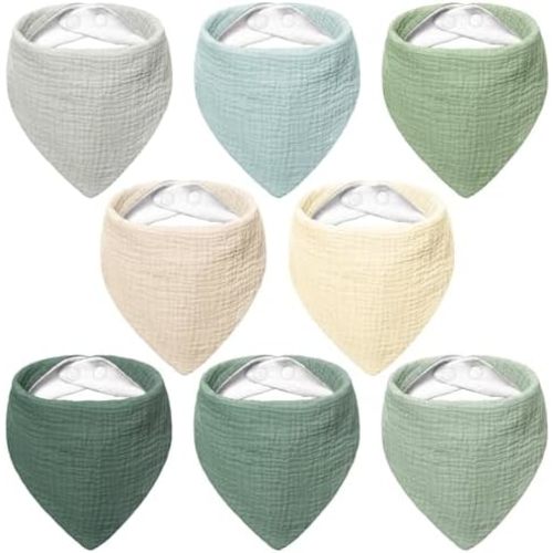 Bearmoss Muslin Baby Bibs 8 Pack Soft Bandana Bibs for Drooling & Teething, Absorbent Burp Cloths with Adjustable Snaps