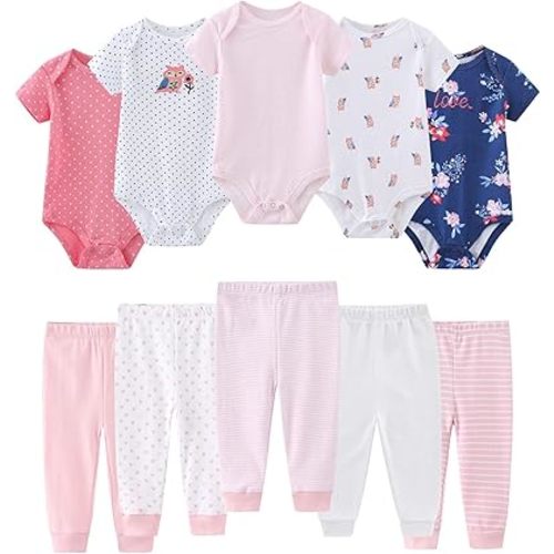 Ruliby Baby Bodysuit and Pant Set 10-pcs Cotton Soft Newborn Boy Girl Clothes Outfits