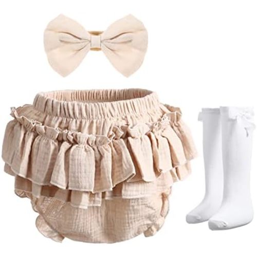 Newborn Infant Baby Girl Cotton Bloomers and Bows Toddlers Ruffle Shorts Diaper Covers Headband Set